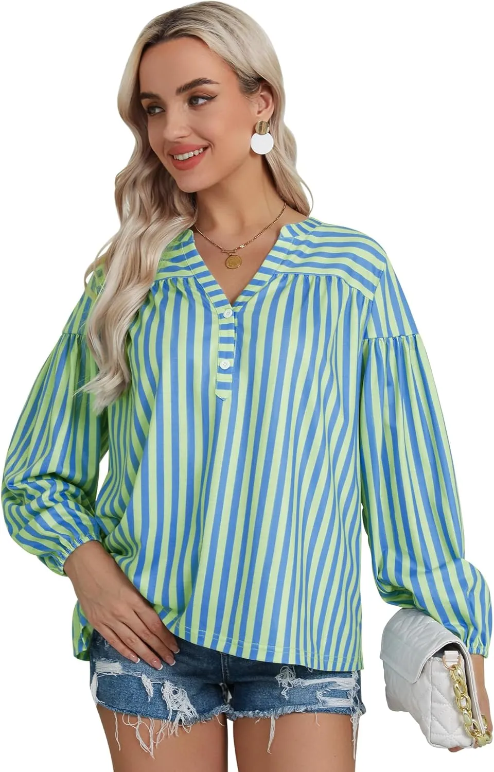 Dresswel Women's Oversized Striped Long Lantern Sleeve Shirt Plus Size Botton Down V Neck Tops