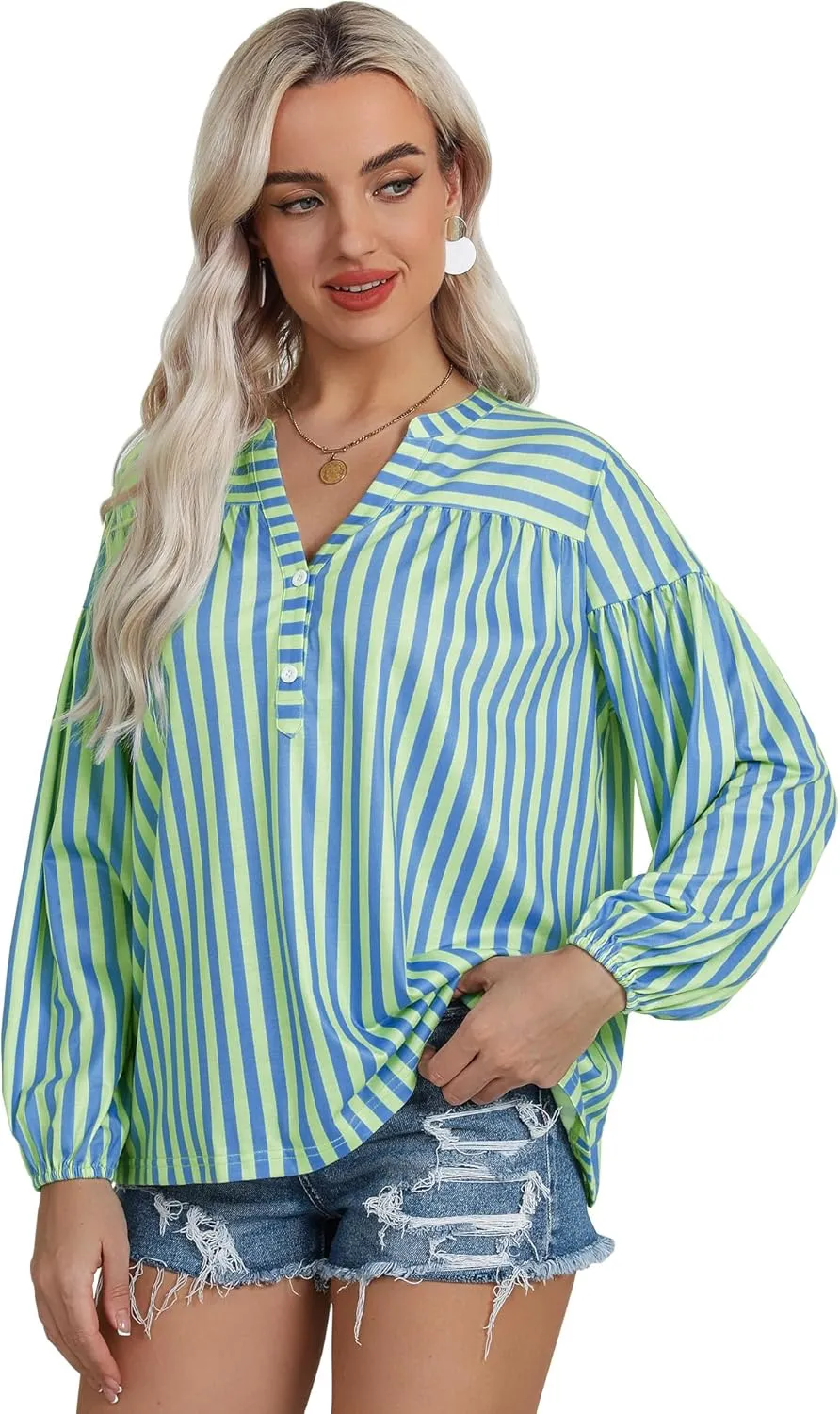 Dresswel Women's Oversized Striped Long Lantern Sleeve Shirt Plus Size Botton Down V Neck Tops