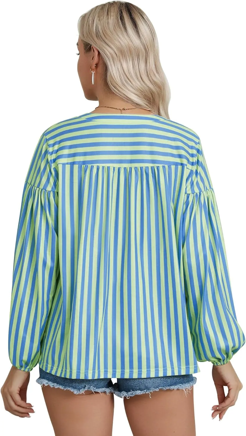 Dresswel Women's Oversized Striped Long Lantern Sleeve Shirt Plus Size Botton Down V Neck Tops