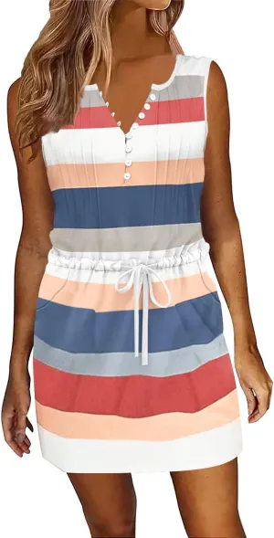ETCYY Womens Summer Casual Dresses Sleeveless Beach Vacation Sundresses Drawstring Waist Short Striped Dress with Pockets