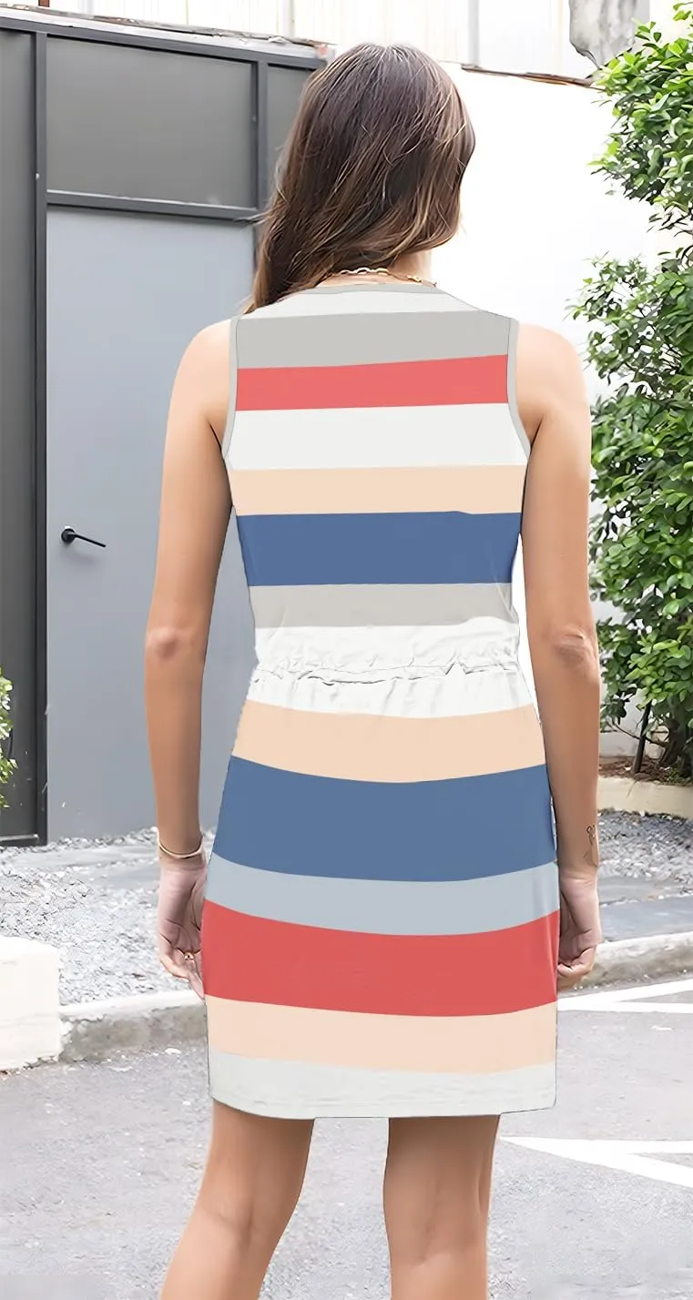 ETCYY Womens Summer Casual Dresses Sleeveless Beach Vacation Sundresses Drawstring Waist Short Striped Dress with Pockets