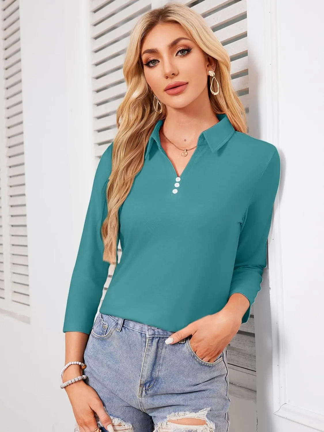 GEMLON Women's 3/4 Sleeve Tops V Neck Button Polo Shirts Casual Tees 3/4 Length Sleeve Blouse