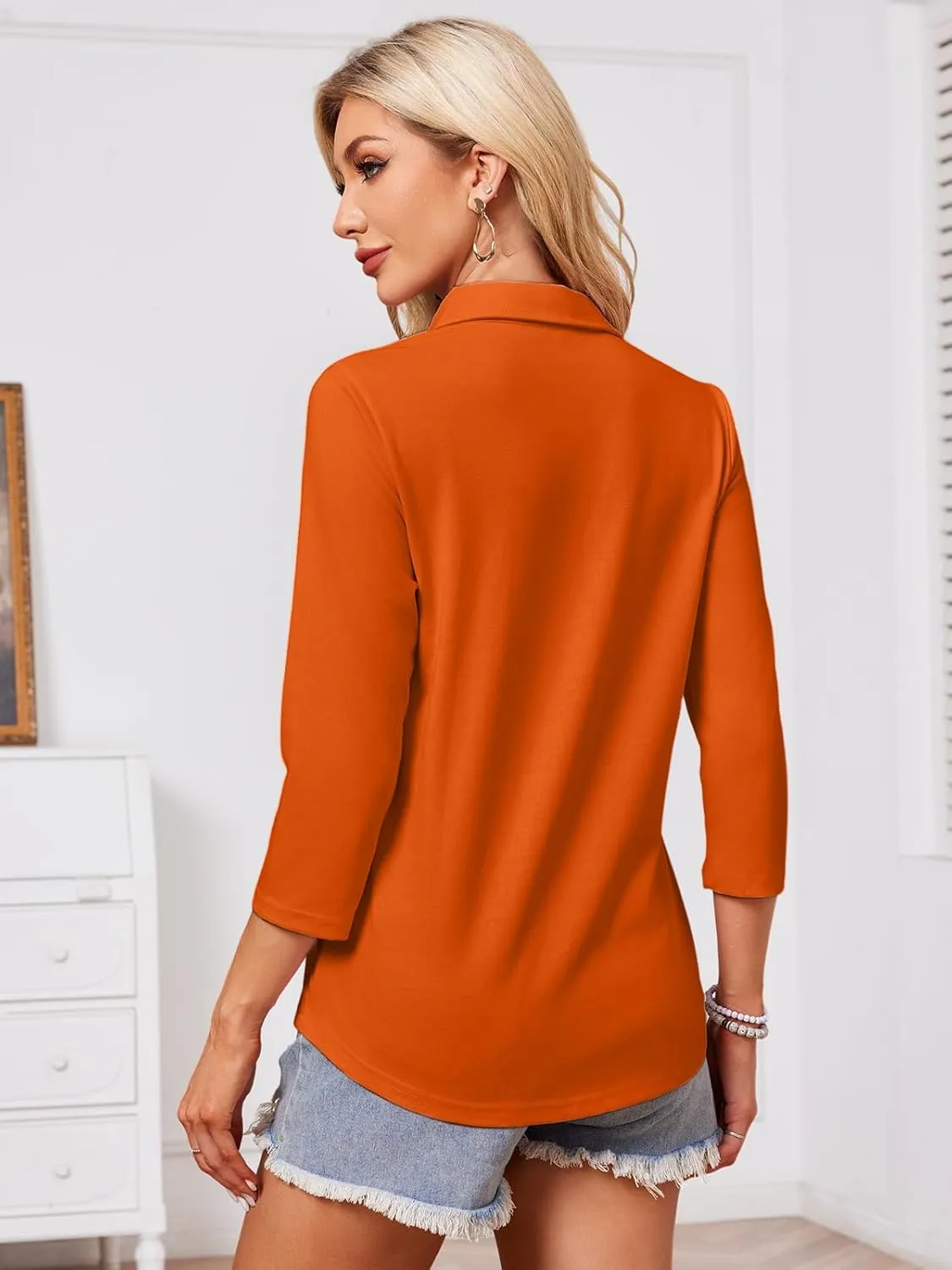 GEMLON Women's 3/4 Sleeve Tops V Neck Button Polo Shirts Casual Tees 3/4 Length Sleeve Blouse