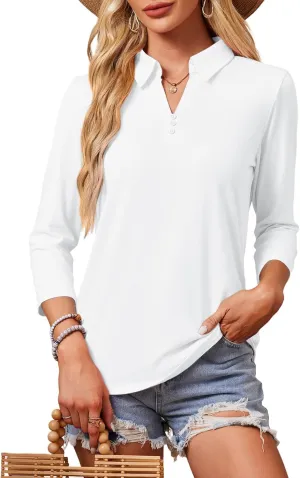GEMLON Women's 3/4 Sleeve Tops V Neck Button Polo Shirts Casual Tees 3/4 Length Sleeve Blouse