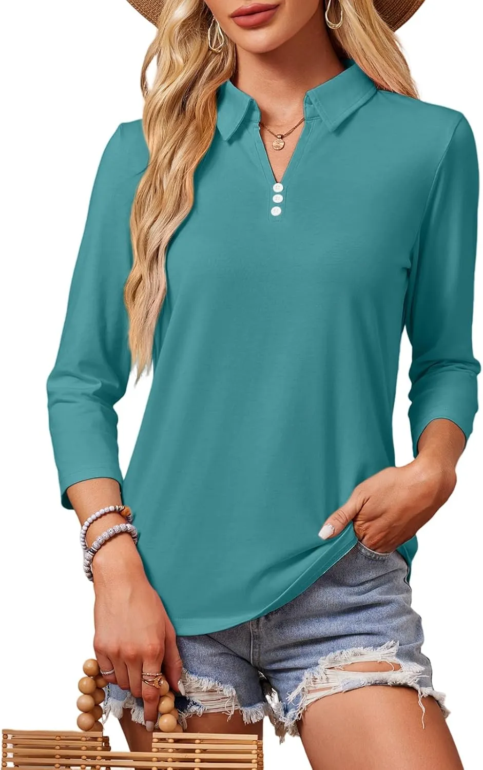 GEMLON Women's 3/4 Sleeve Tops V Neck Button Polo Shirts Casual Tees 3/4 Length Sleeve Blouse