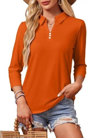 GEMLON Women's 3/4 Sleeve Tops V Neck Button Polo Shirts Casual Tees 3/4 Length Sleeve Blouse