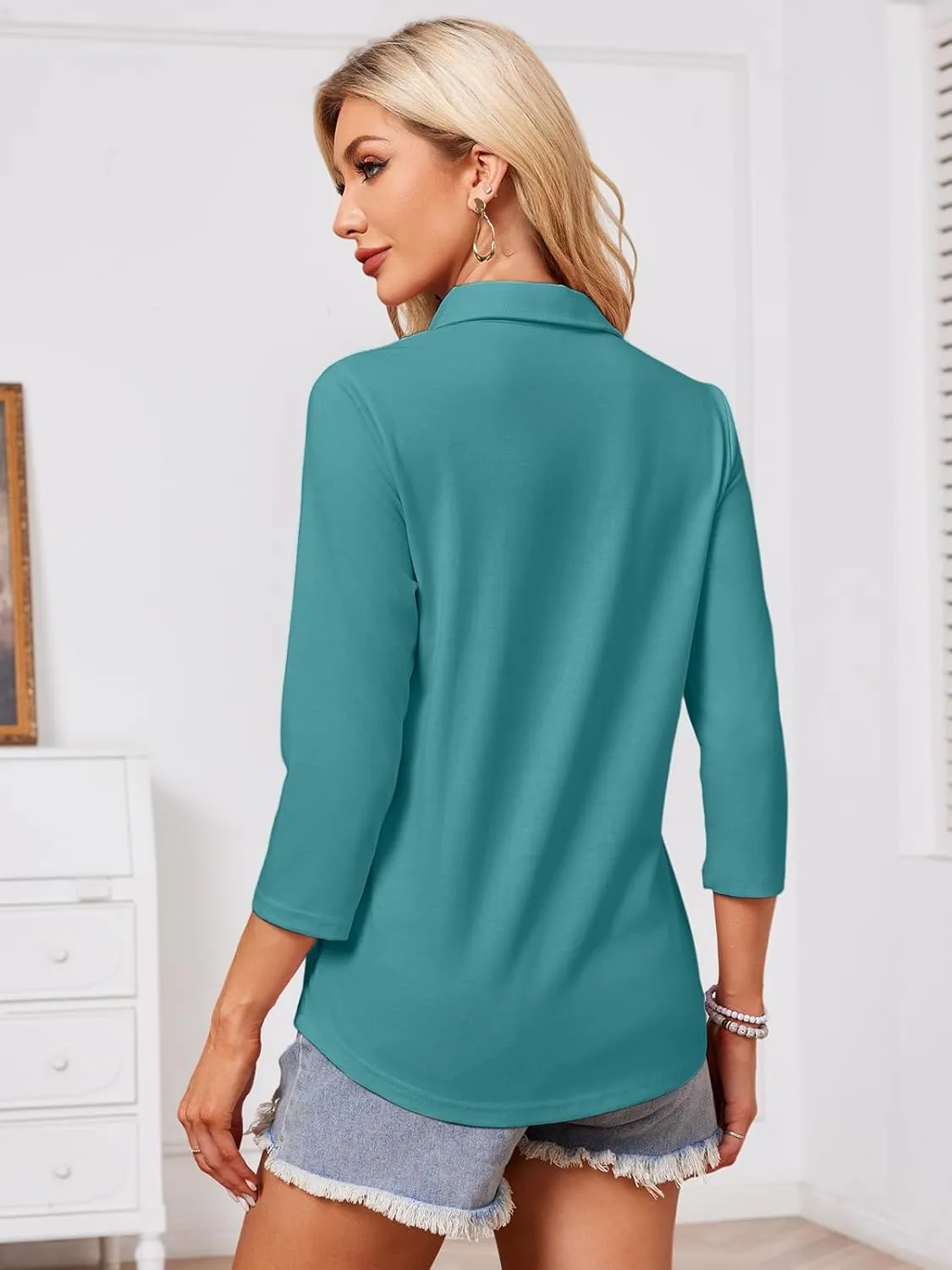 GEMLON Women's 3/4 Sleeve Tops V Neck Button Polo Shirts Casual Tees 3/4 Length Sleeve Blouse