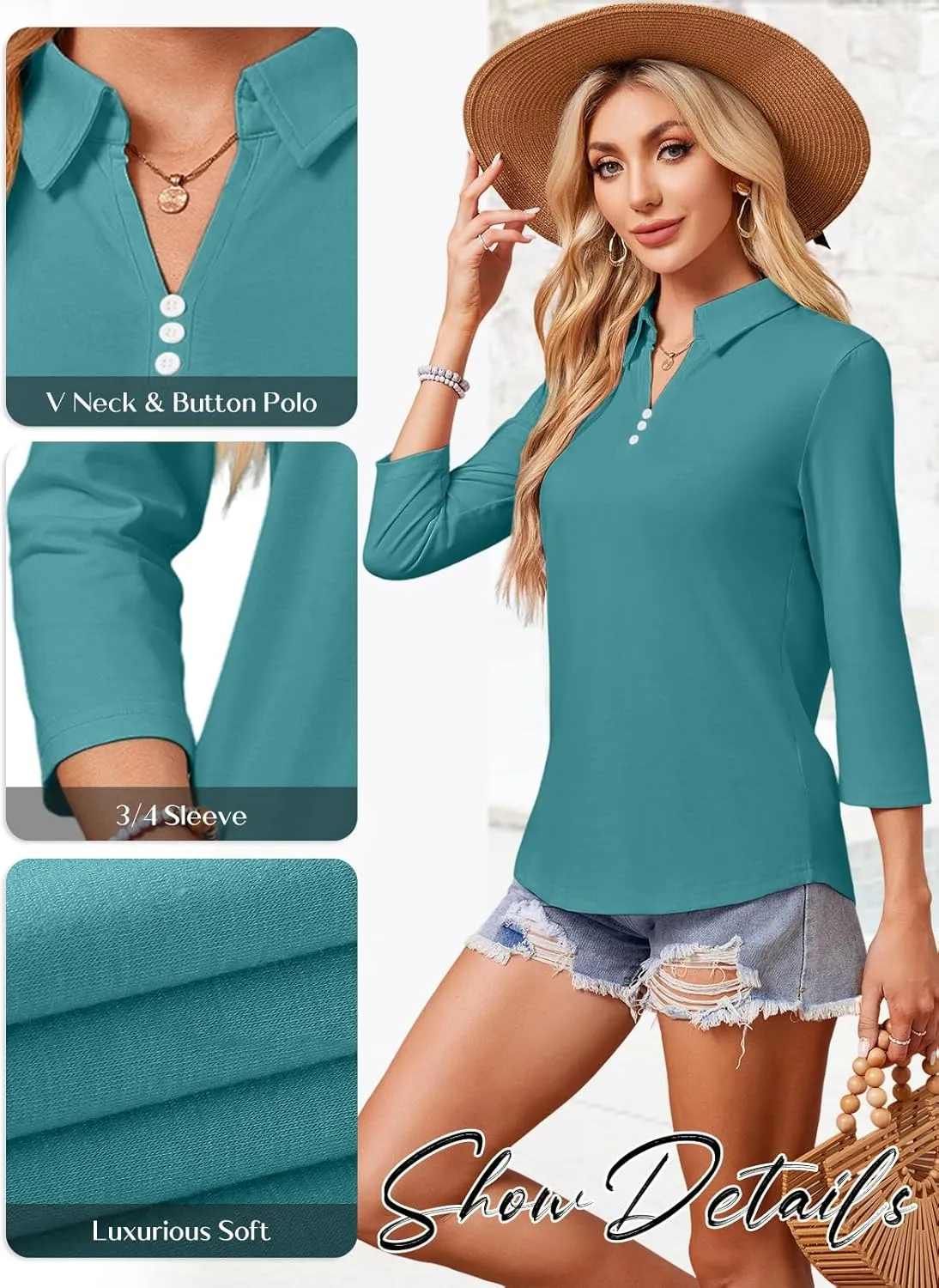 GEMLON Women's 3/4 Sleeve Tops V Neck Button Polo Shirts Casual Tees 3/4 Length Sleeve Blouse