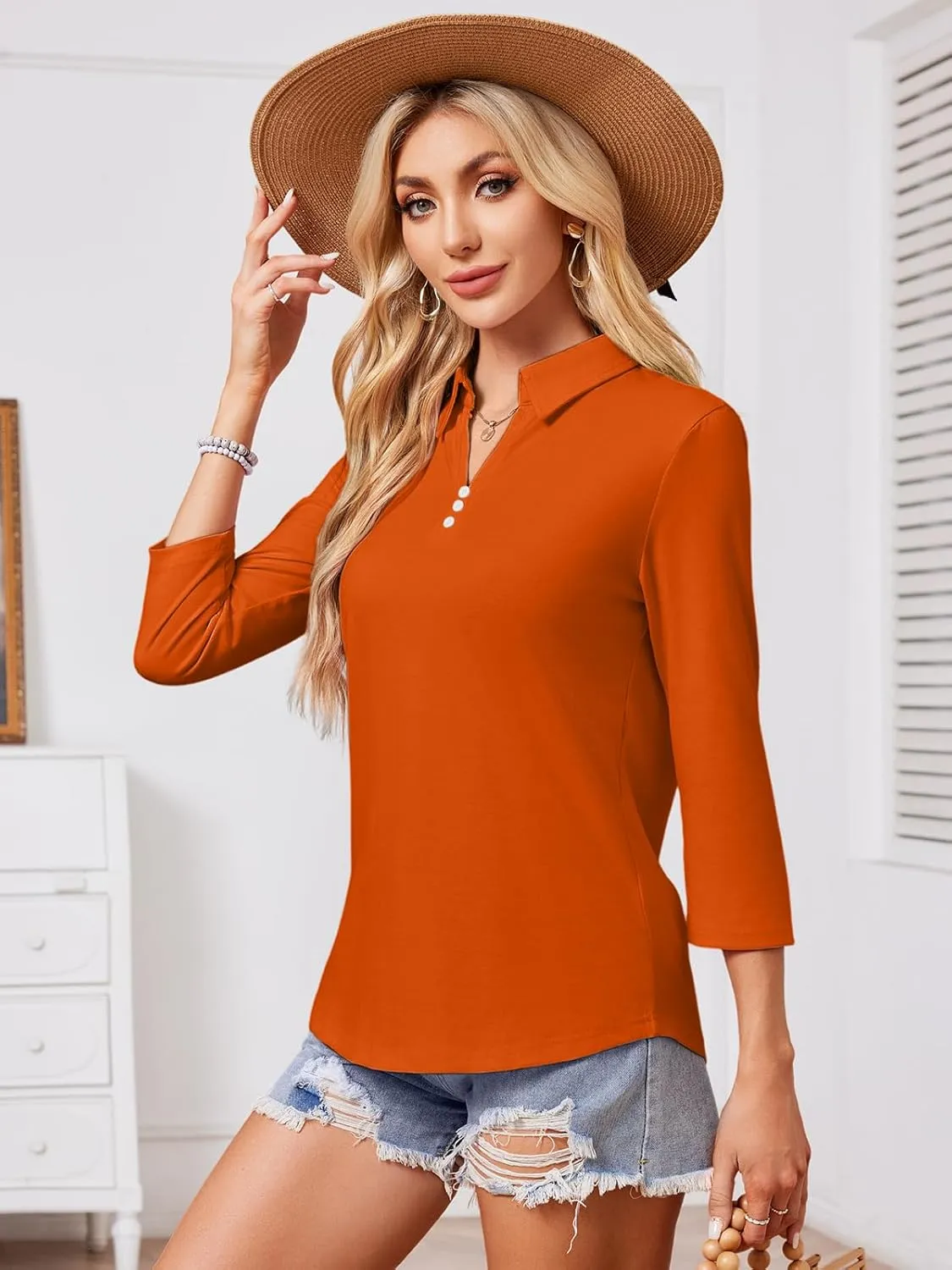 GEMLON Women's 3/4 Sleeve Tops V Neck Button Polo Shirts Casual Tees 3/4 Length Sleeve Blouse