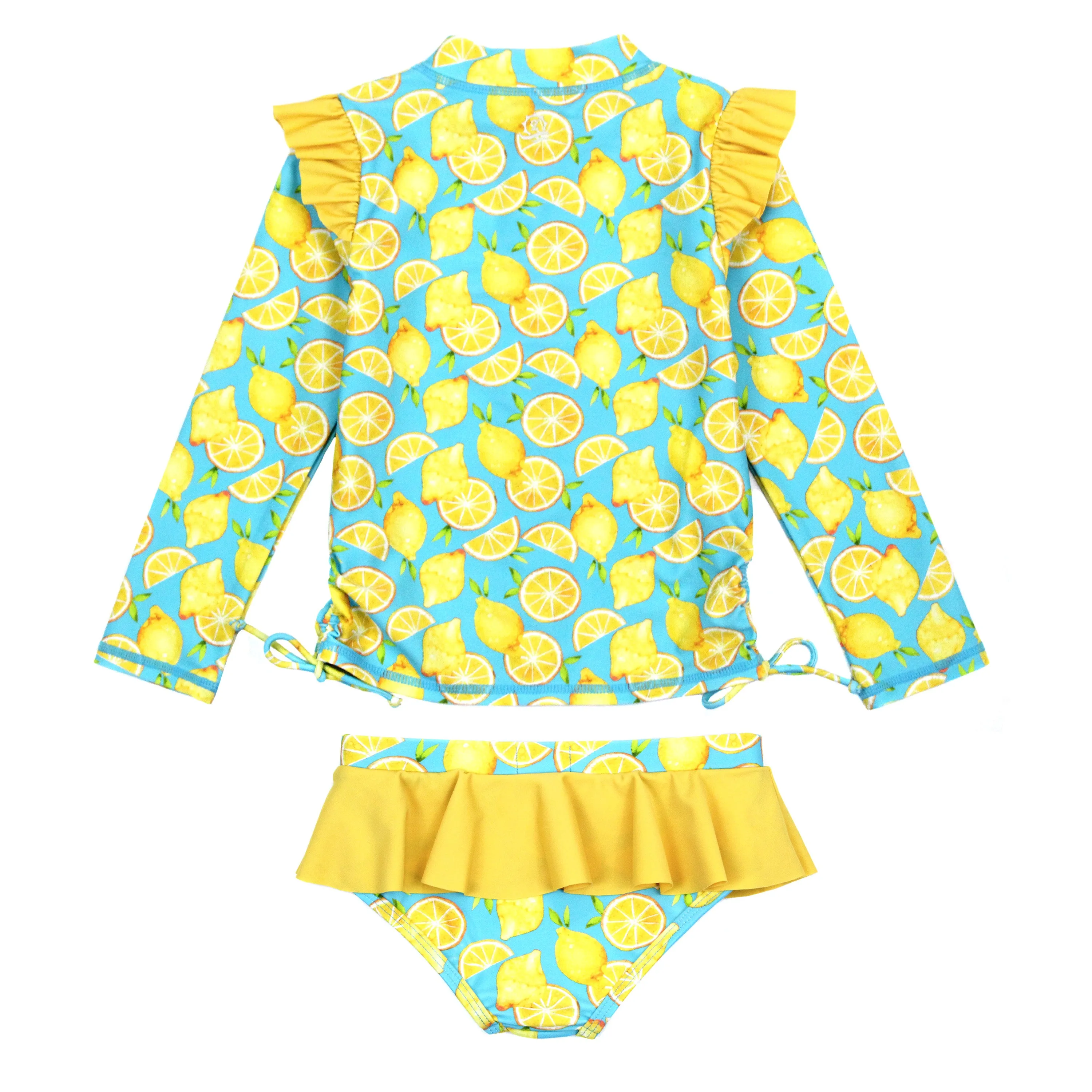 Girls Long Sleeve Rash Guard Ruffle Bottom Swimsuit Set (2 Piece) | "Lemons"