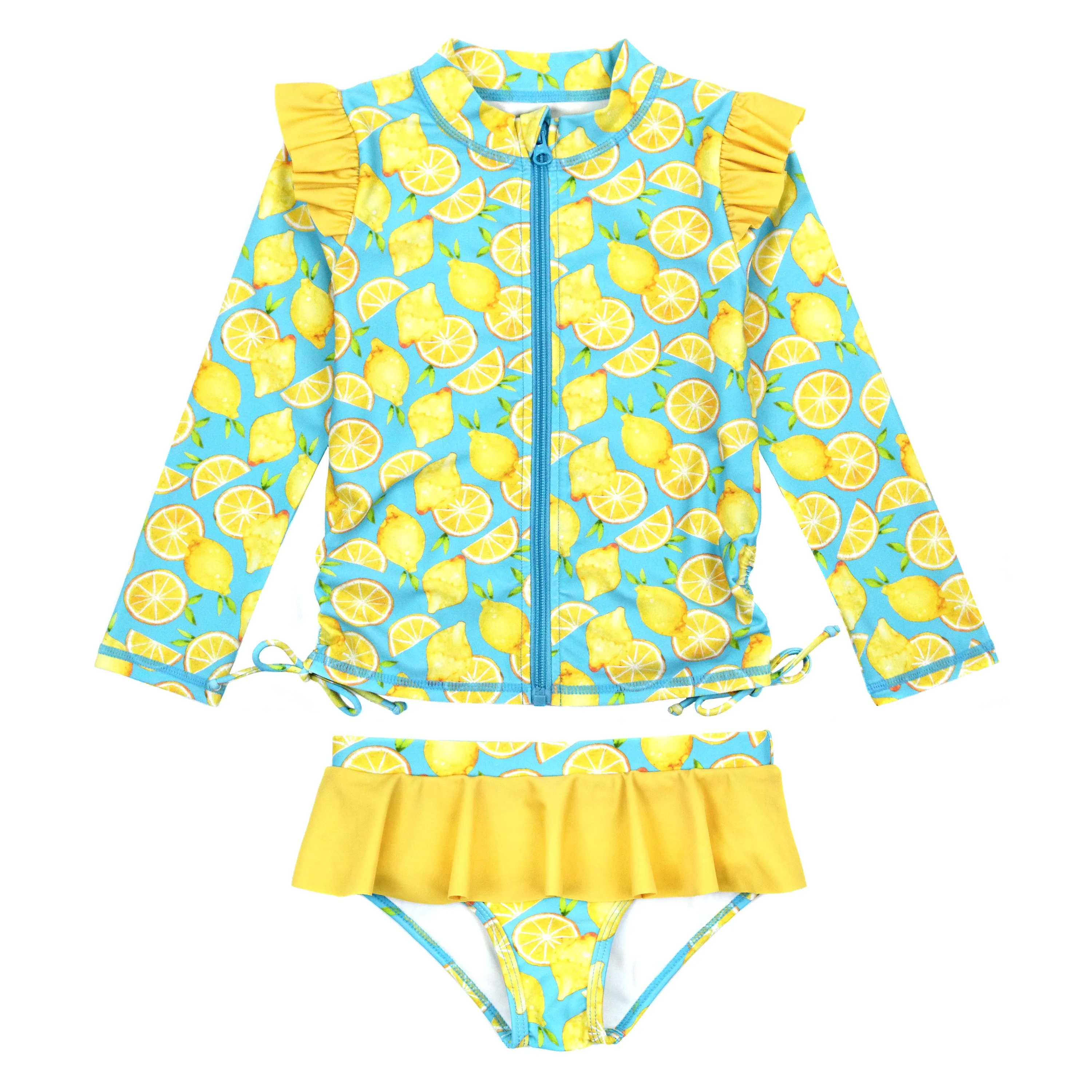 Girls Long Sleeve Rash Guard Ruffle Bottom Swimsuit Set (2 Piece) | "Lemons"
