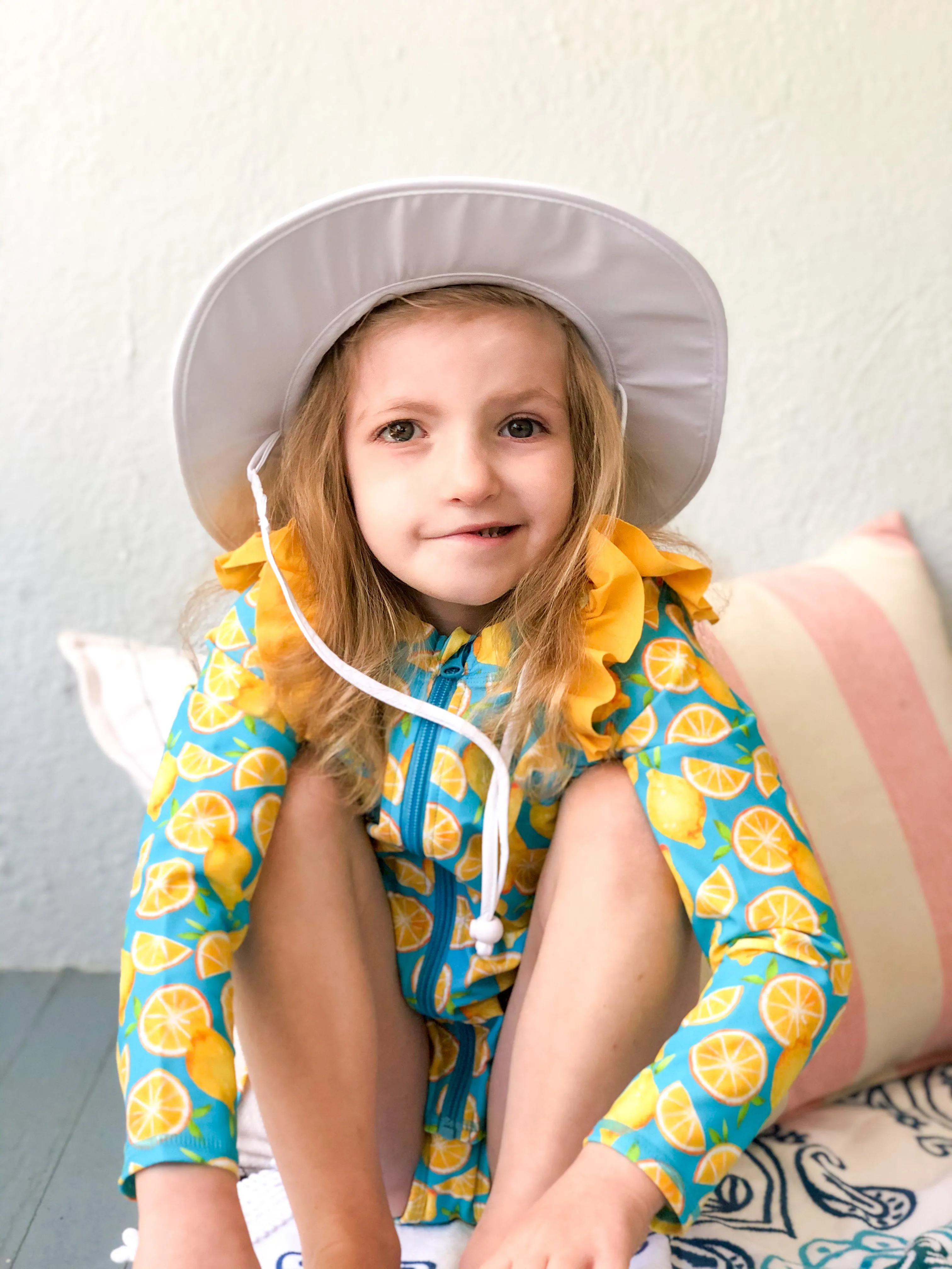 Girls Long Sleeve Rash Guard Ruffle Bottom Swimsuit Set (2 Piece) | "Lemons"