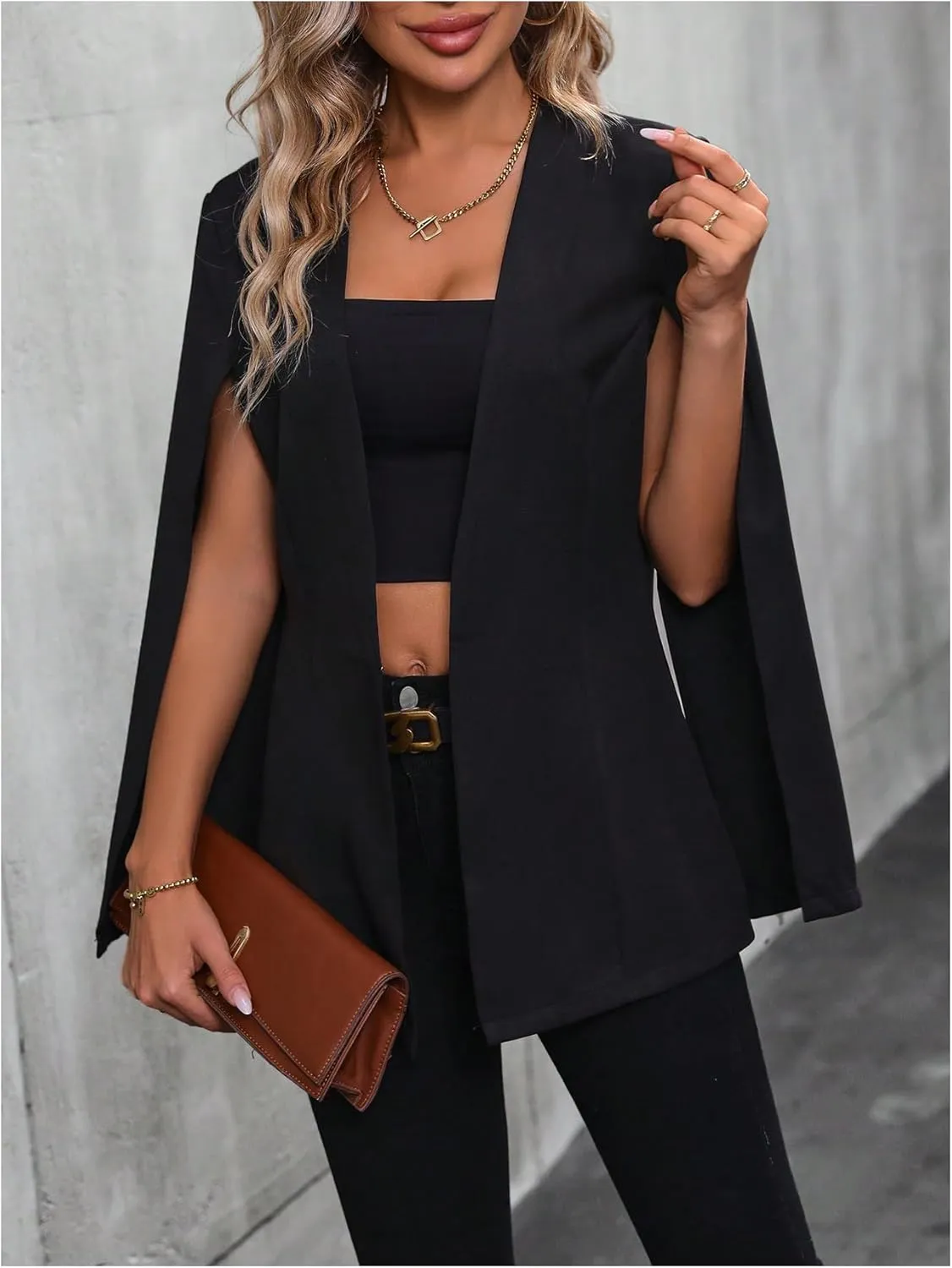 GORGLITTER Women's Cape Blazer Split Sleeve Open Front Casual Jacket Coat Workwear