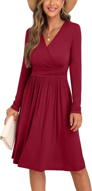 GRECERELLE Spring Fall Dress for Women Casual Ruffle Long Sleeve Wrap V-Neck Dress