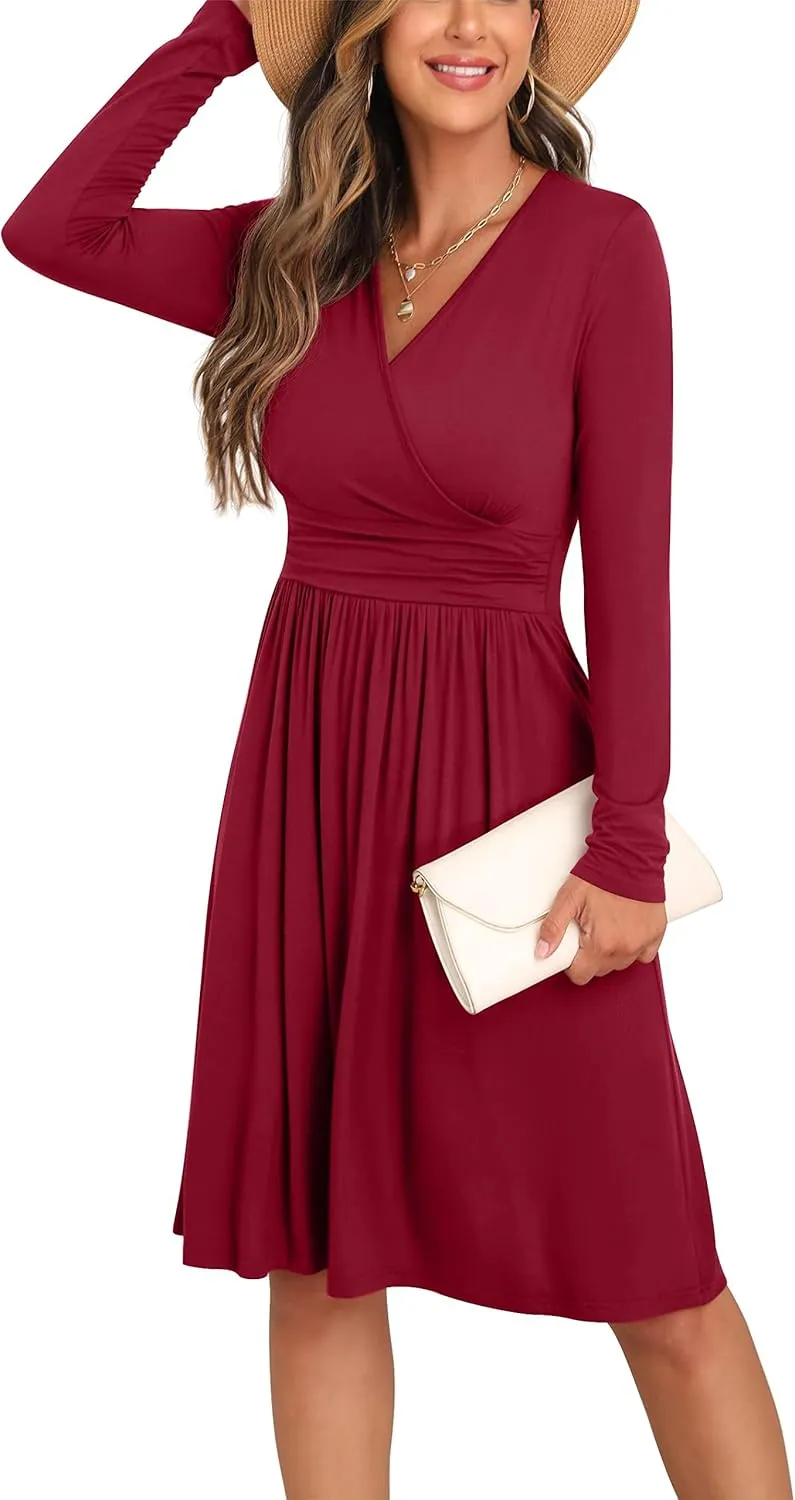 GRECERELLE Spring Fall Dress for Women Casual Ruffle Long Sleeve Wrap V-Neck Dress
