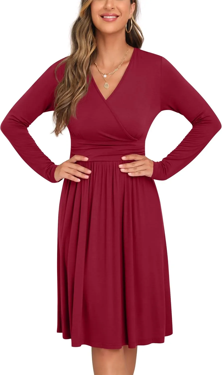 GRECERELLE Spring Fall Dress for Women Casual Ruffle Long Sleeve Wrap V-Neck Dress