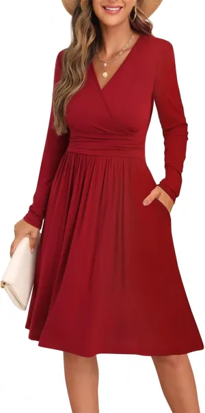 GRECERELLE Spring Fall Dress for Women Casual Ruffle Long Sleeve Wrap V-Neck Dress