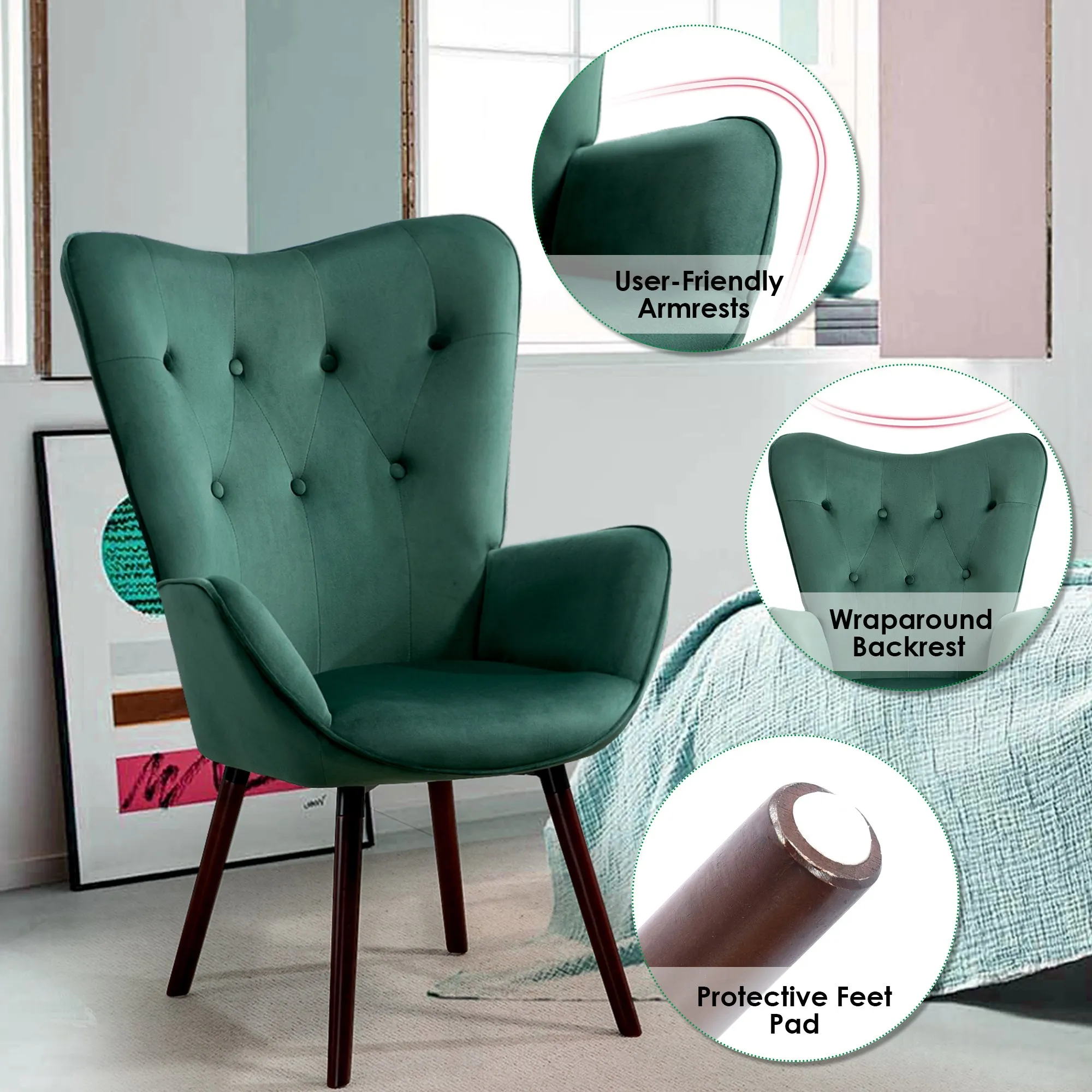 Green Velvet Tufted Arm Chair - HomyCasa