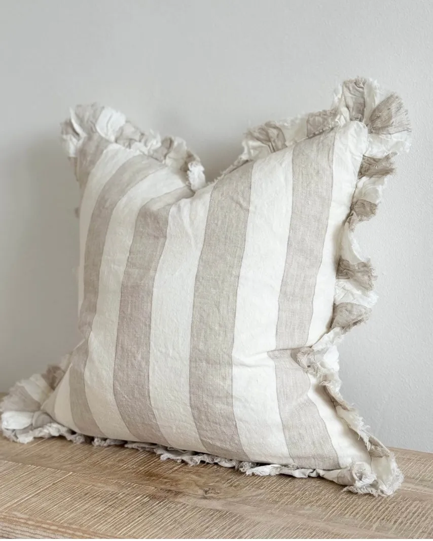 Hallie Beige And White Wide Stripe Luxury Cotton Blend Cushion Cover - 53cm x 53cm