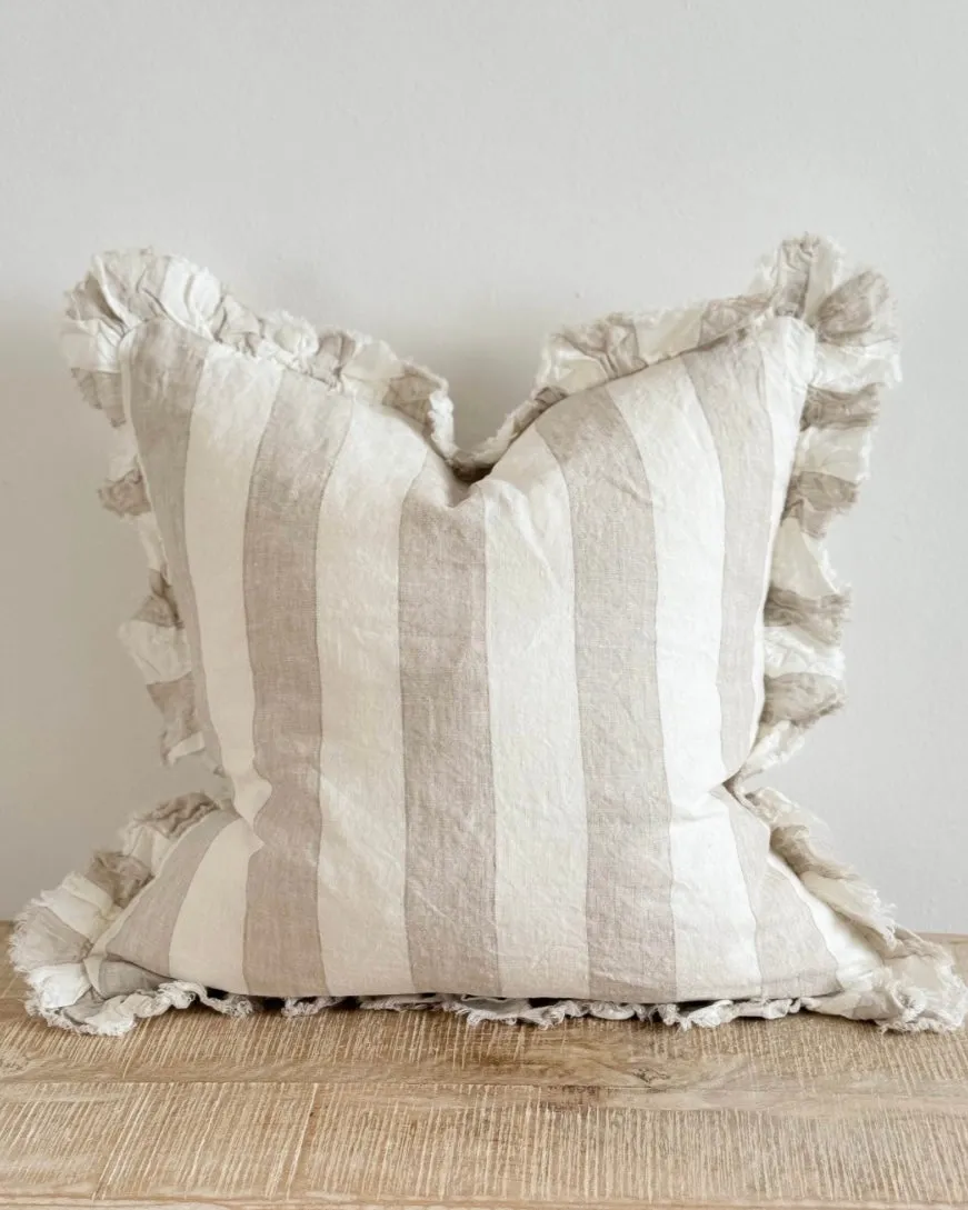Hallie Beige And White Wide Stripe Luxury Cotton Blend Cushion Cover - 53cm x 53cm