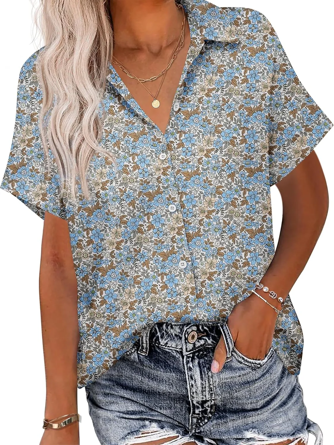 HOTOUCH Linen Button Down Shirt Women Short Sleeve Cotton Blouses V Neck Collared Summer Beach Tops S-2XL