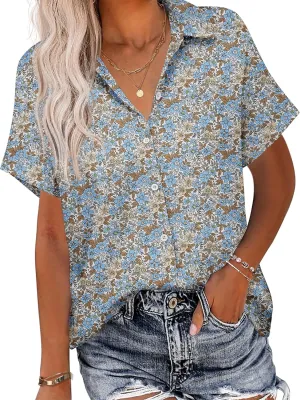HOTOUCH Linen Button Down Shirt Women Short Sleeve Cotton Blouses V Neck Collared Summer Beach Tops S-2XL