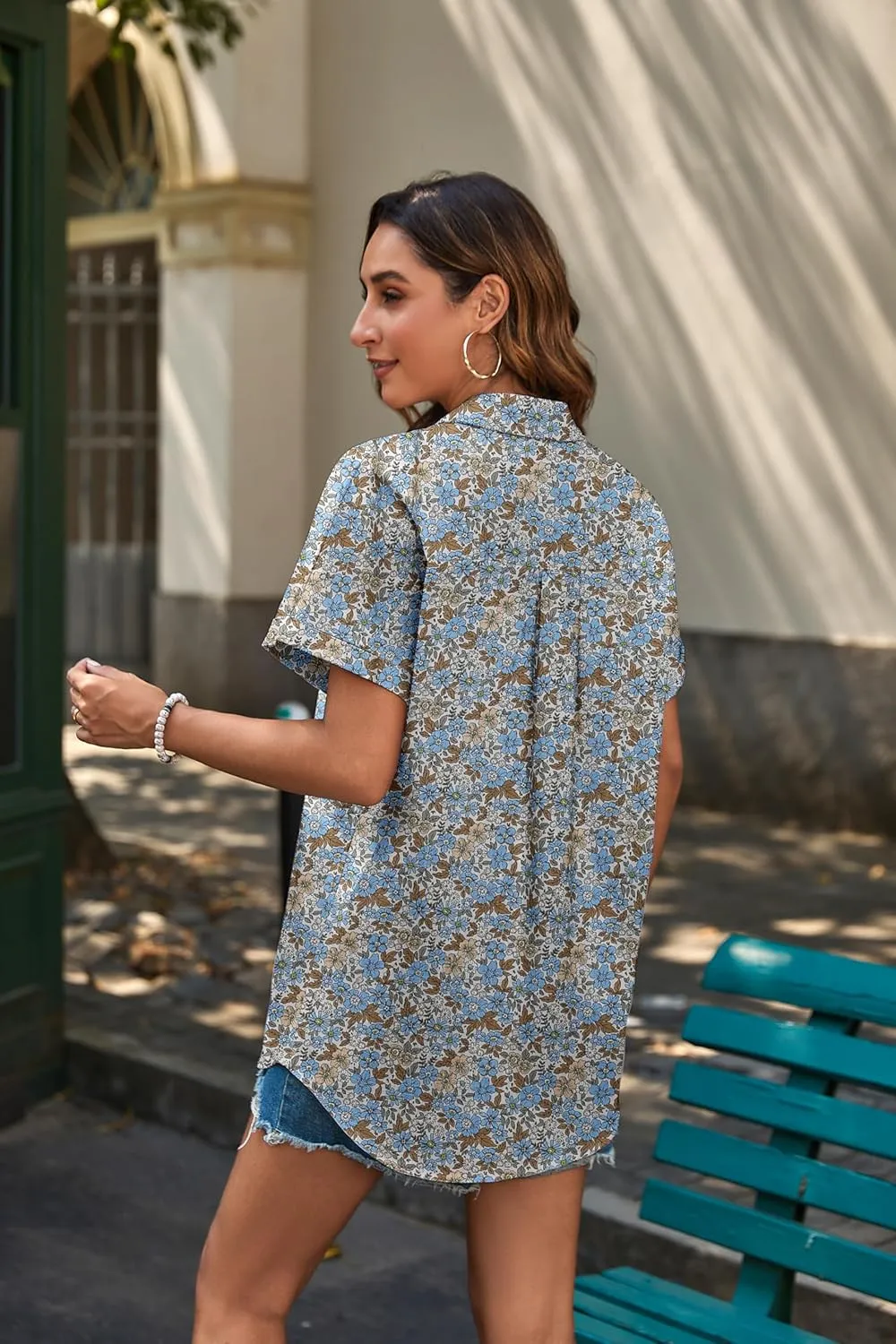 HOTOUCH Linen Button Down Shirt Women Short Sleeve Cotton Blouses V Neck Collared Summer Beach Tops S-2XL