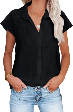 HOTOUCH Womens Linen Button Down Shirt Casual V Neck Cap Sleeve Blouses Summer Cotton Collared Tops S-3XL