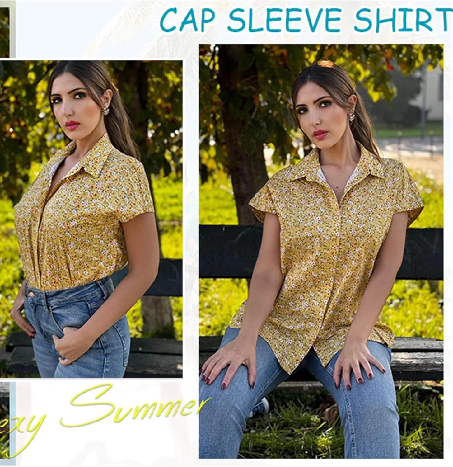 HOTOUCH Womens Linen Button Down Shirt Casual V Neck Cap Sleeve Blouses Summer Cotton Collared Tops S-3XL