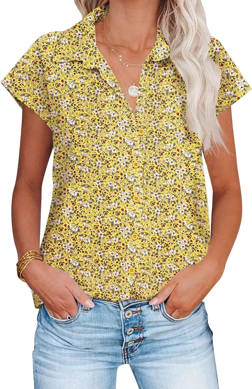 HOTOUCH Womens Linen Button Down Shirt Casual V Neck Cap Sleeve Blouses Summer Cotton Collared Tops S-3XL