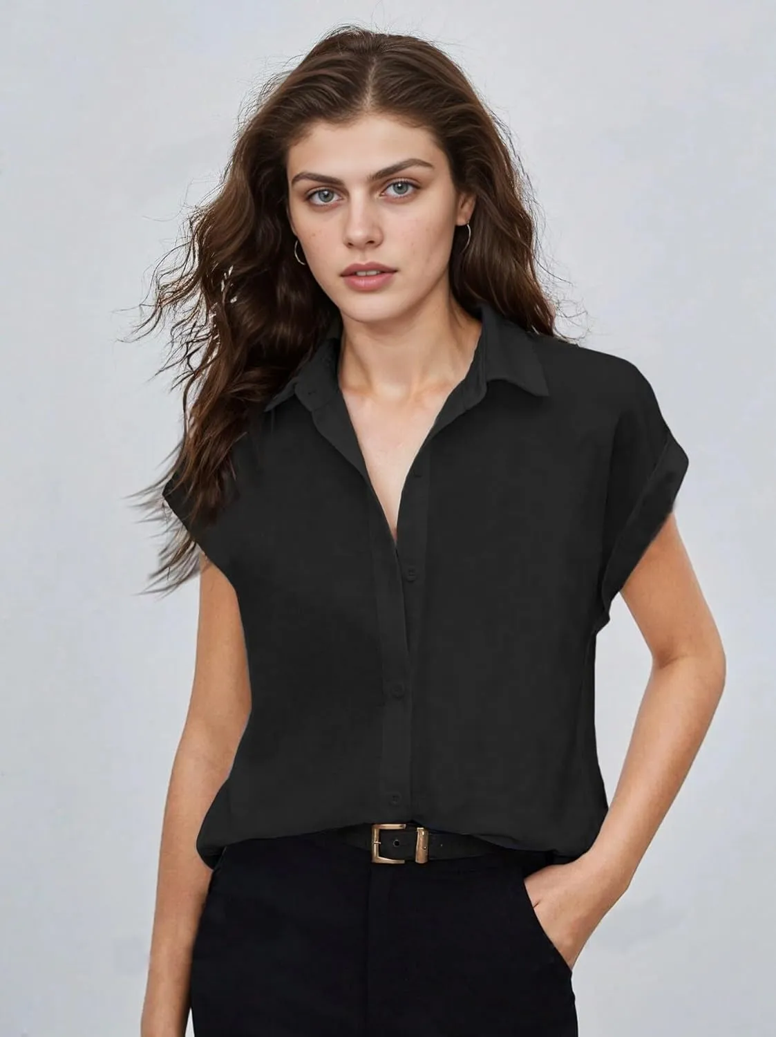 HOTOUCH Womens Linen Button Down Shirt Casual V Neck Cap Sleeve Blouses Summer Cotton Collared Tops S-3XL