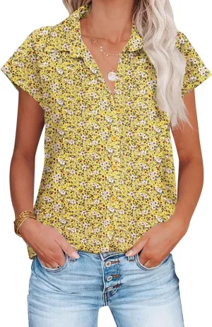HOTOUCH Womens Linen Button Down Shirt Casual V Neck Cap Sleeve Blouses Summer Cotton Collared Tops S-3XL