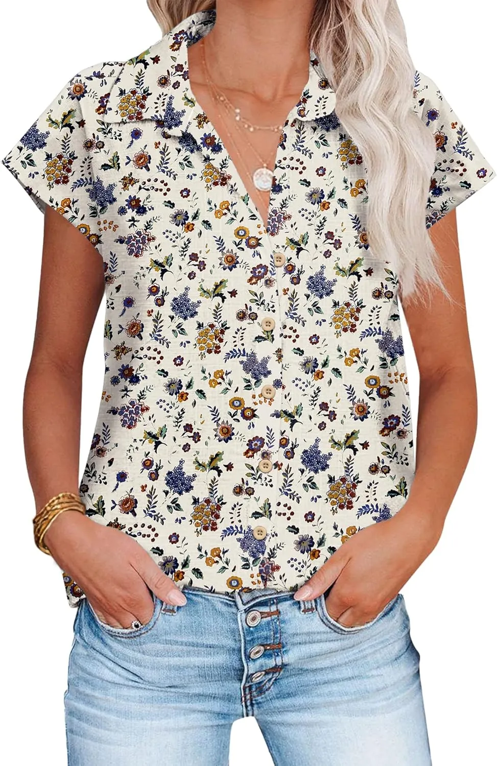 HOTOUCH Womens Linen Button Down Shirt Casual V Neck Cap Sleeve Blouses Summer Cotton Collared Tops S-3XL