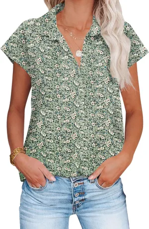 HOTOUCH Womens Linen Button Down Shirt Casual V Neck Cap Sleeve Blouses Summer Cotton Collared Tops S-3XL