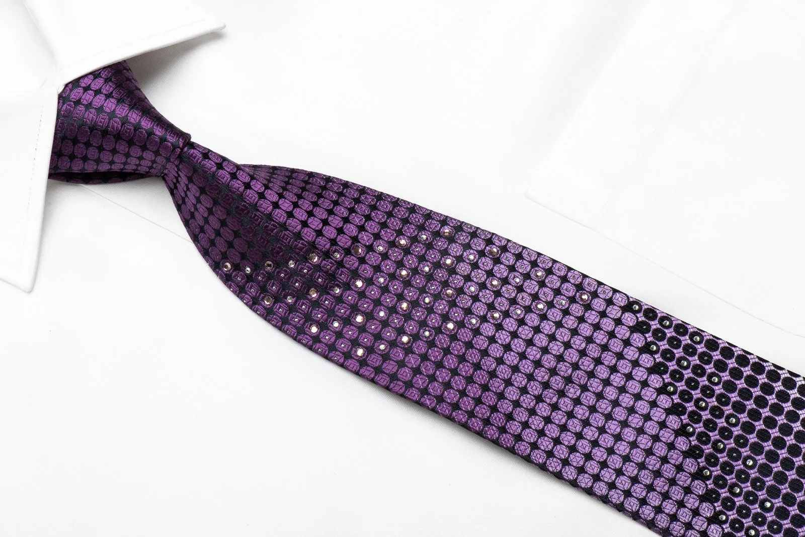 Indian Homme Men's Crystal Rhinestone Silk Necktie Purple Dots On Black With Sparkles