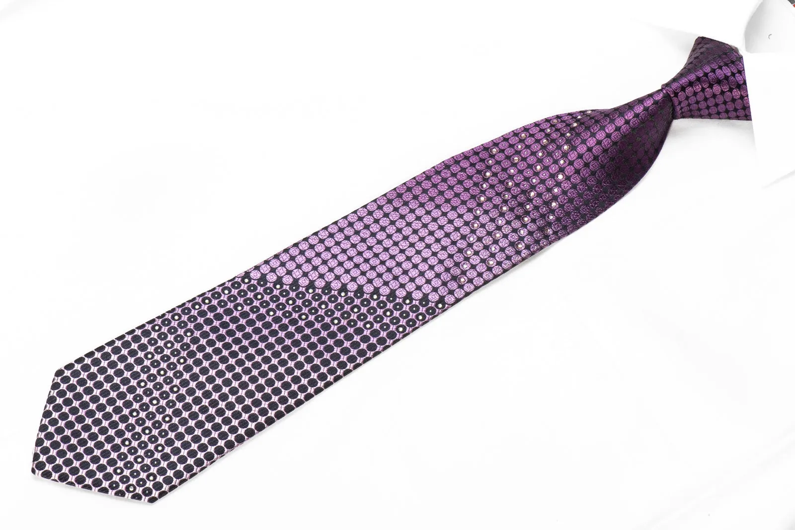 Indian Homme Men's Crystal Rhinestone Silk Necktie Purple Dots On Black With Sparkles