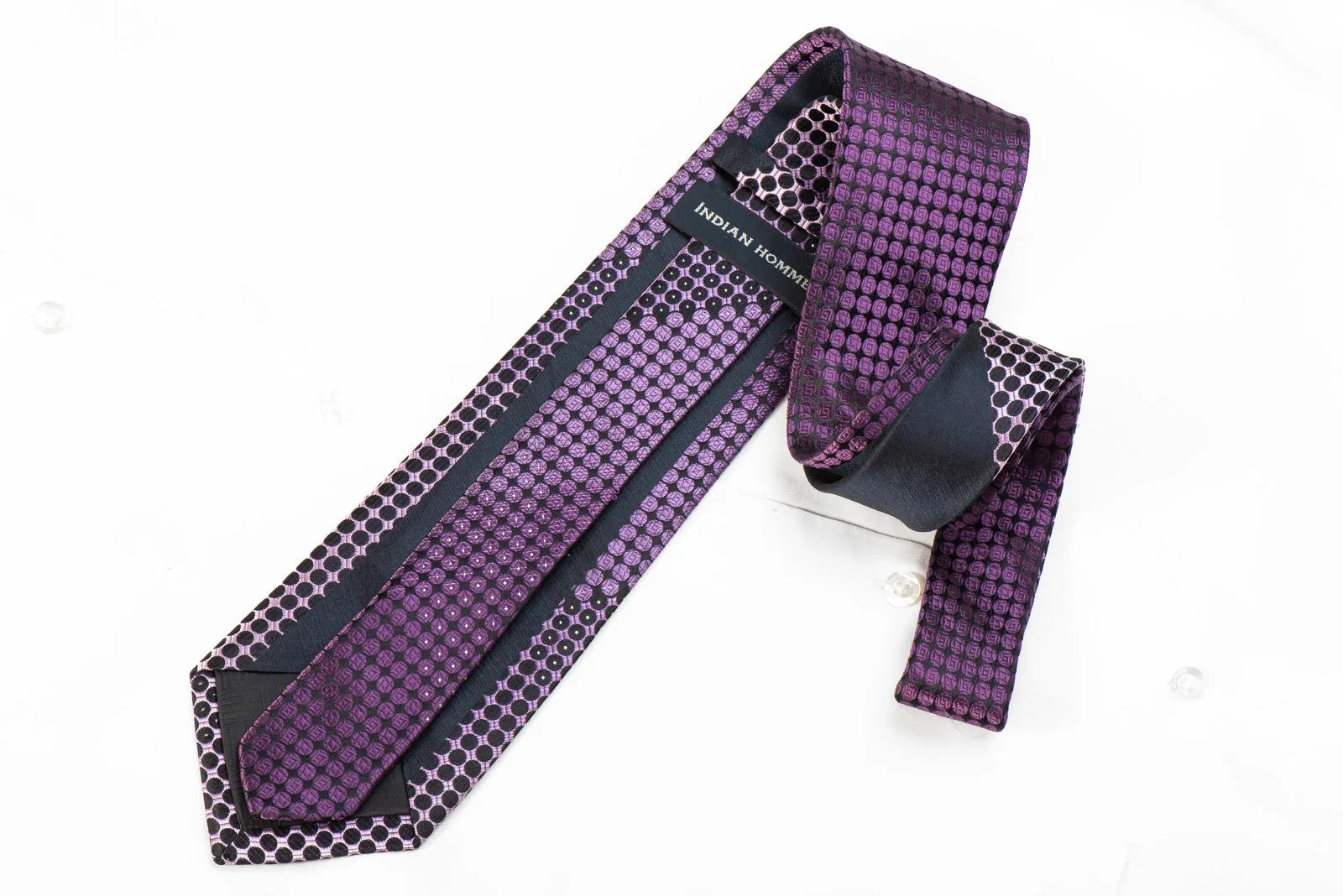 Indian Homme Men's Crystal Rhinestone Silk Necktie Purple Dots On Black With Sparkles