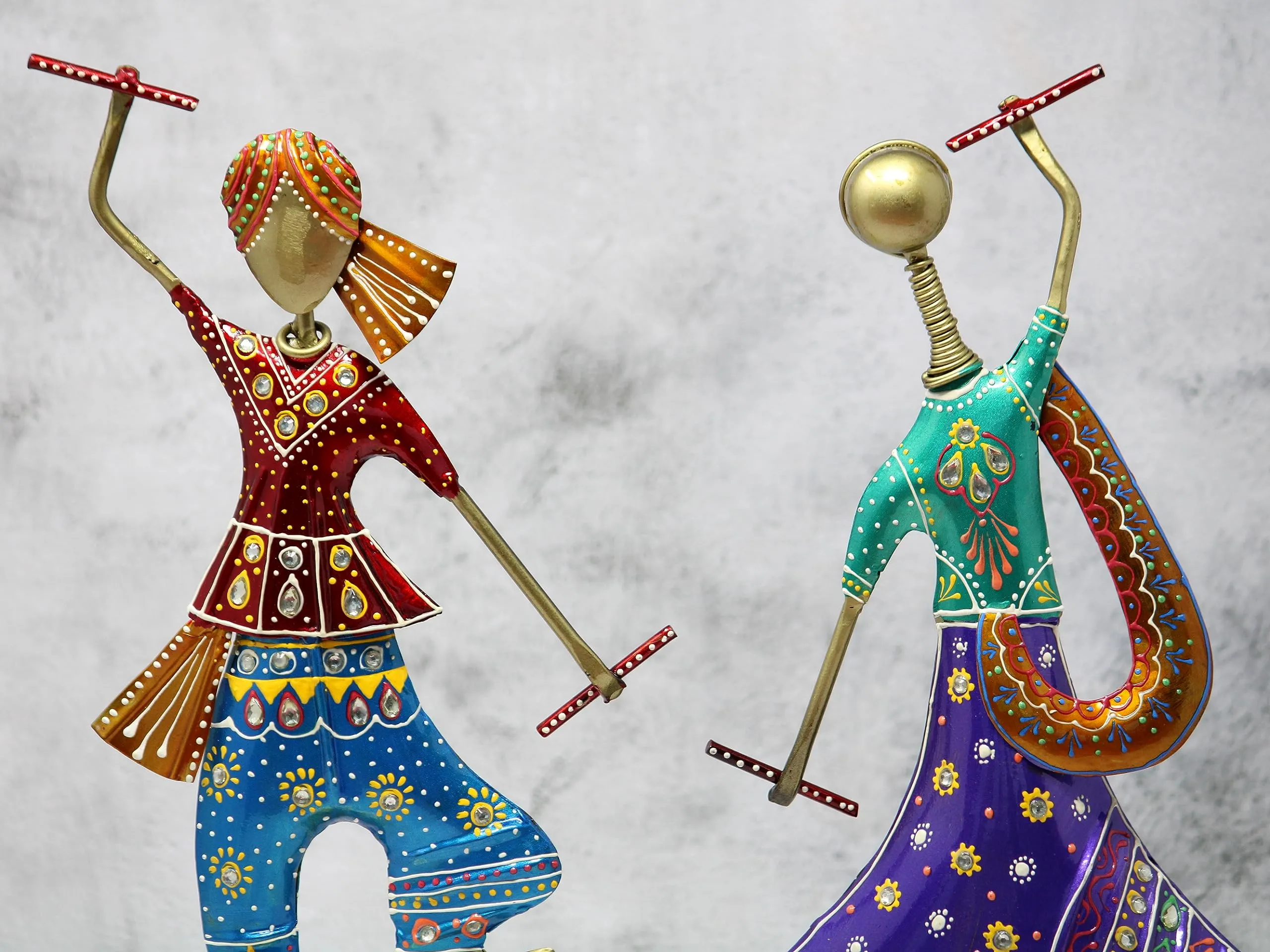 JH Gallery Handmade Handpainted Playing Dandia Couple Rajasthani Handicraft Wrought Iron Emboss Painted Decorative Showpiece Multicolor 12.5 Inch Height