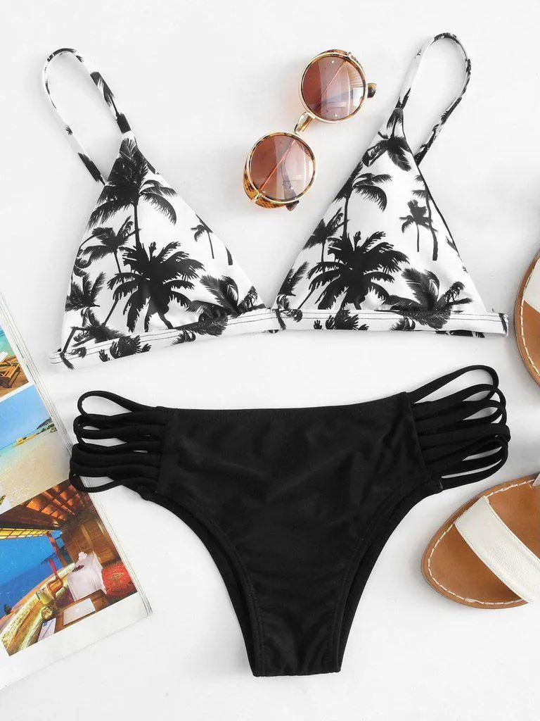 Ladder Cut Palm Print Bikini Set
