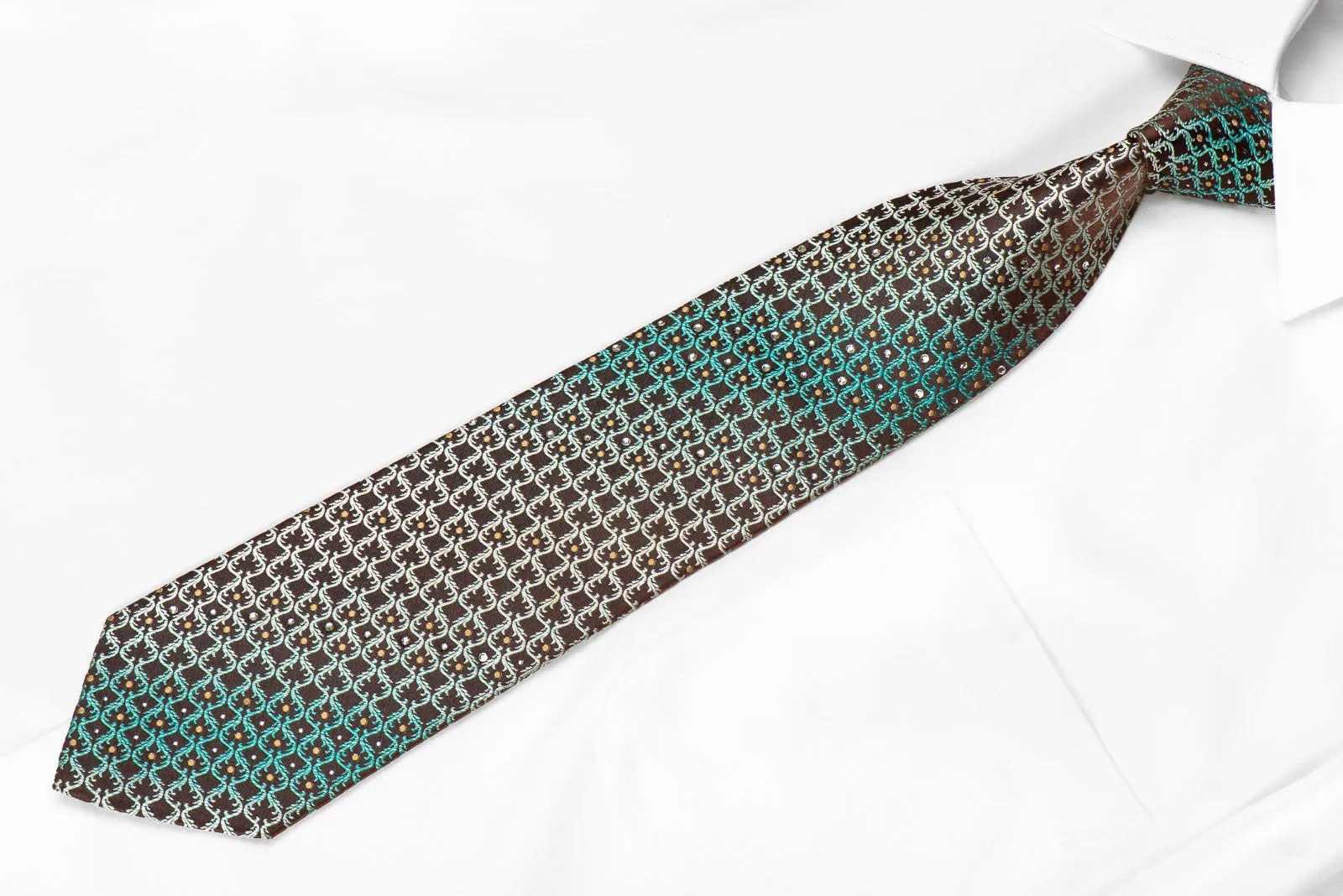 Maestro Men's Crystal Rhinestone Silk Necktie Teal Cartouche On Brown