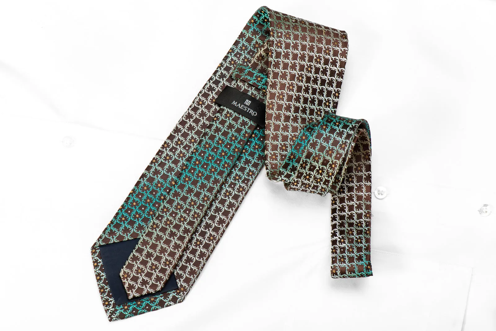 Maestro Men's Crystal Rhinestone Silk Necktie Teal Cartouche On Brown