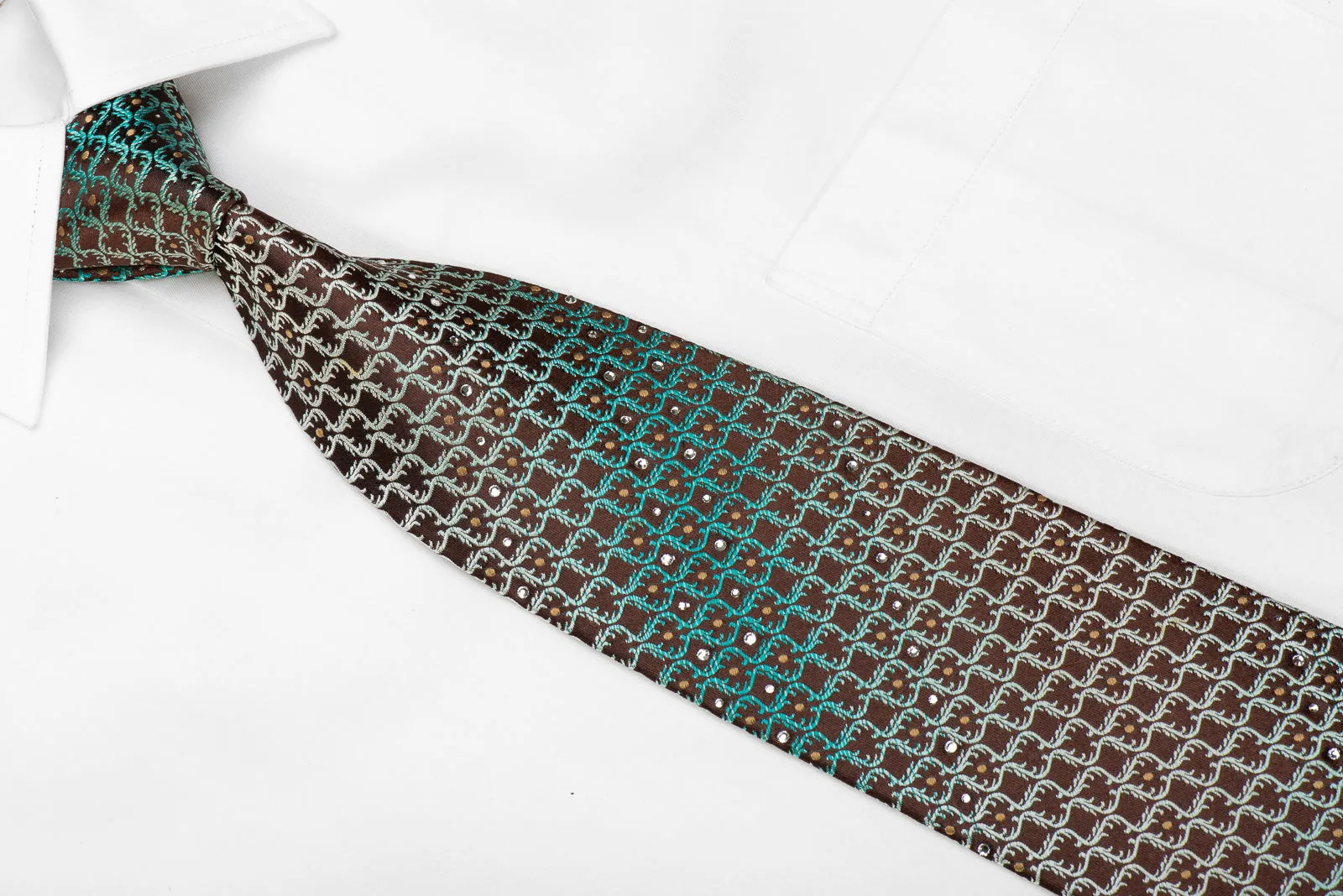 Maestro Men's Crystal Rhinestone Silk Necktie Teal Cartouche On Brown