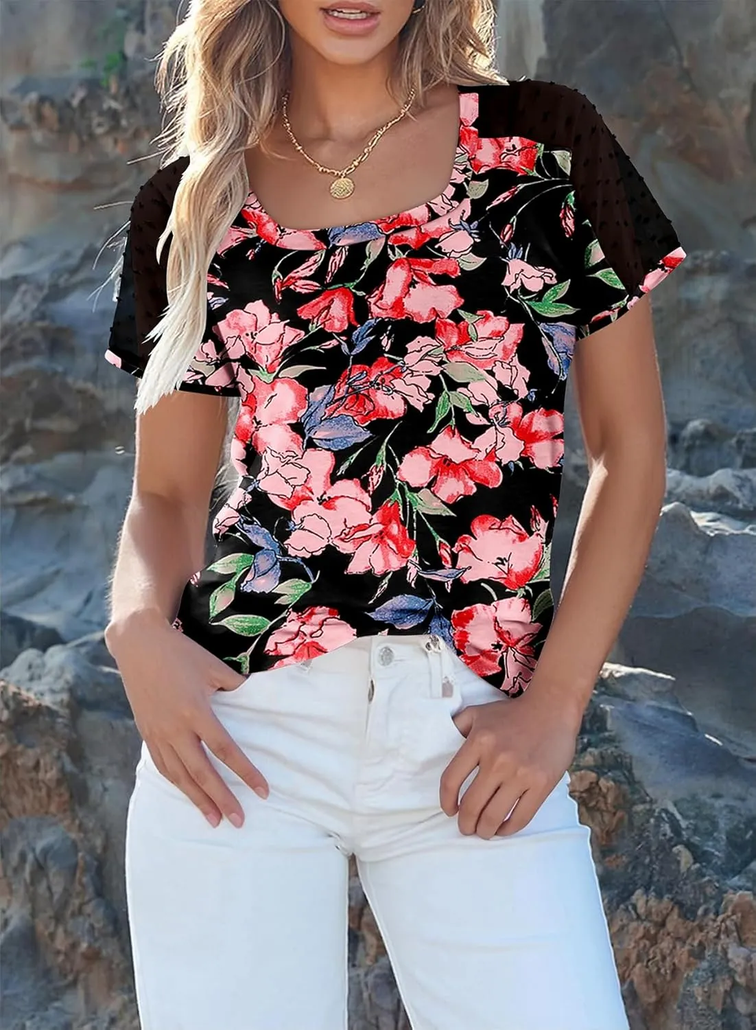 Magritta Women Mesh Sleeves Casual T-Shirts Summer Fashion See Through Blouses Tee S-3XL