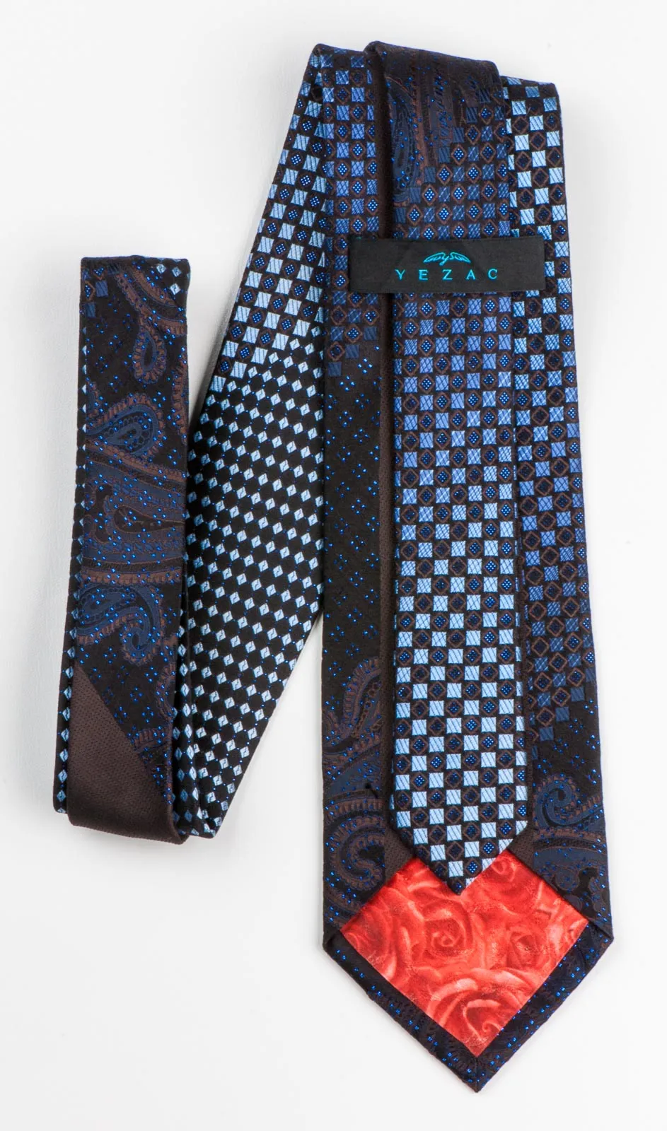 Men's Silk NeckTie By Yezak Paisley & Checks On Black With Sparkles & Rhinestones