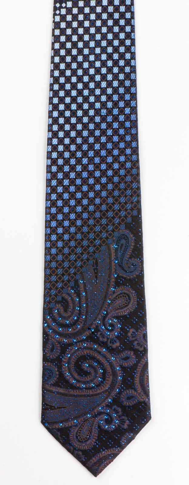 Men's Silk NeckTie By Yezak Paisley & Checks On Black With Sparkles & Rhinestones