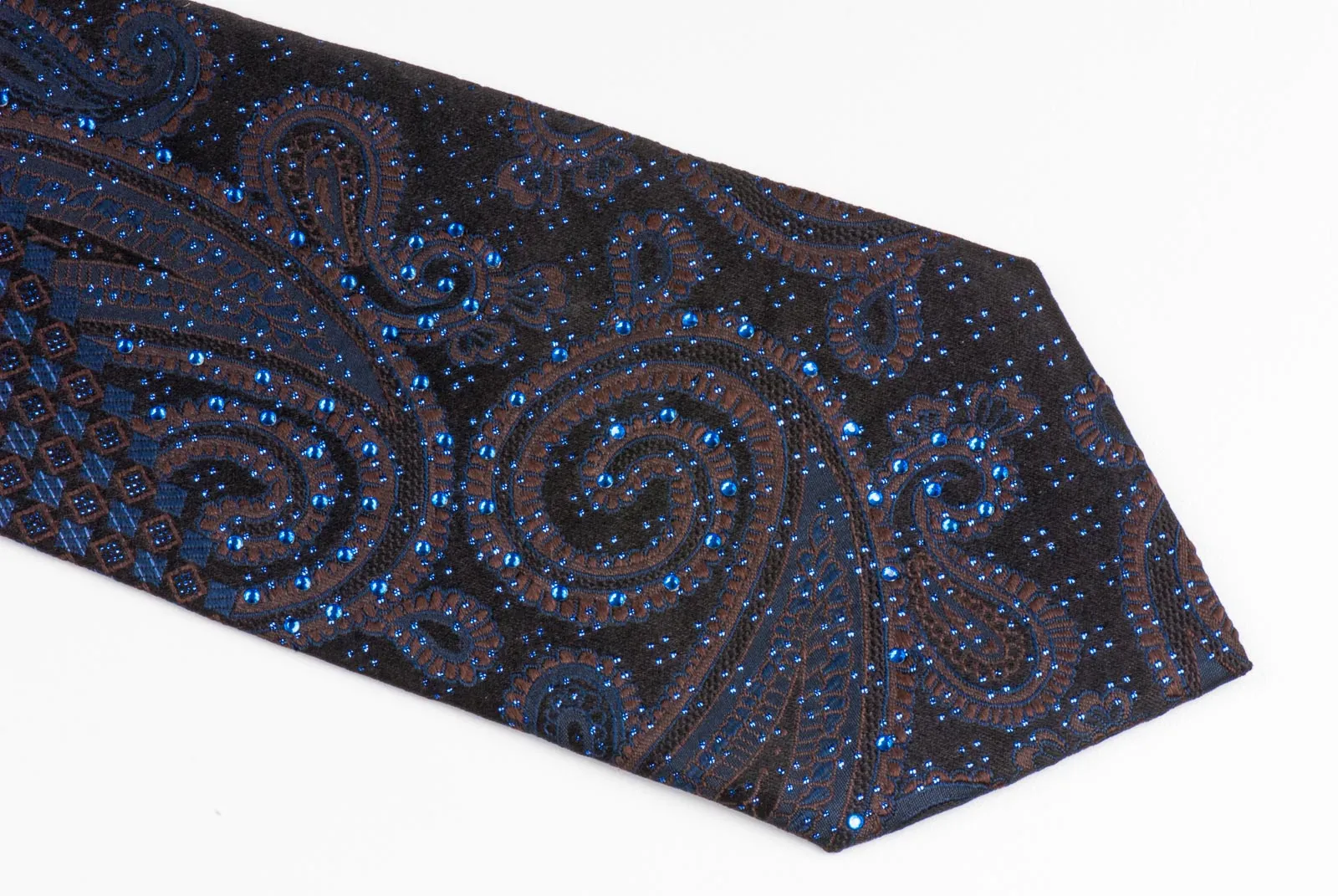 Men's Silk NeckTie By Yezak Paisley & Checks On Black With Sparkles & Rhinestones