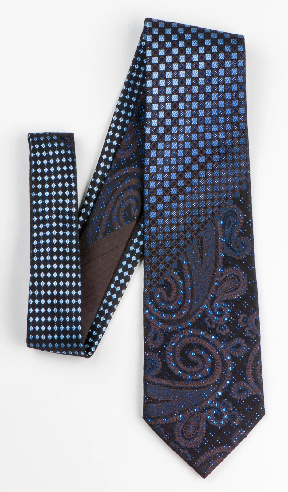 Men's Silk NeckTie By Yezak Paisley & Checks On Black With Sparkles & Rhinestones