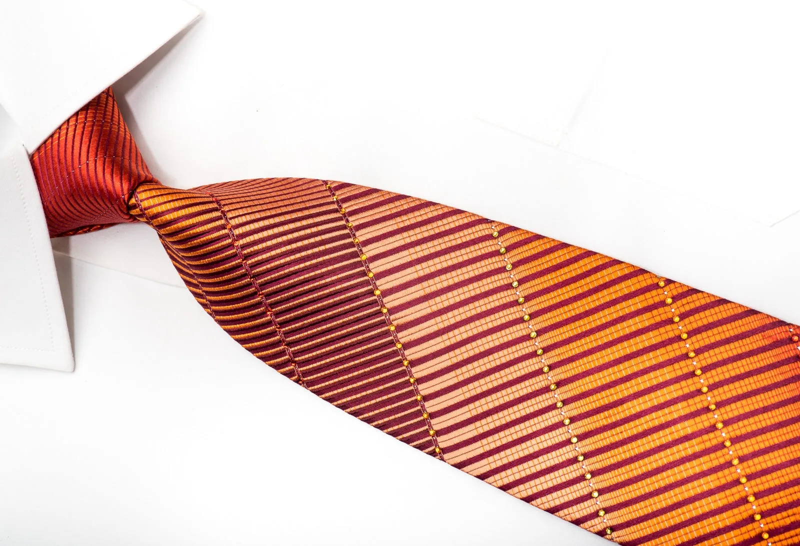 Mila Schon Men's Silk Necktie Orange Striped On Burgundy Sparkling With Crystal Rhinestones