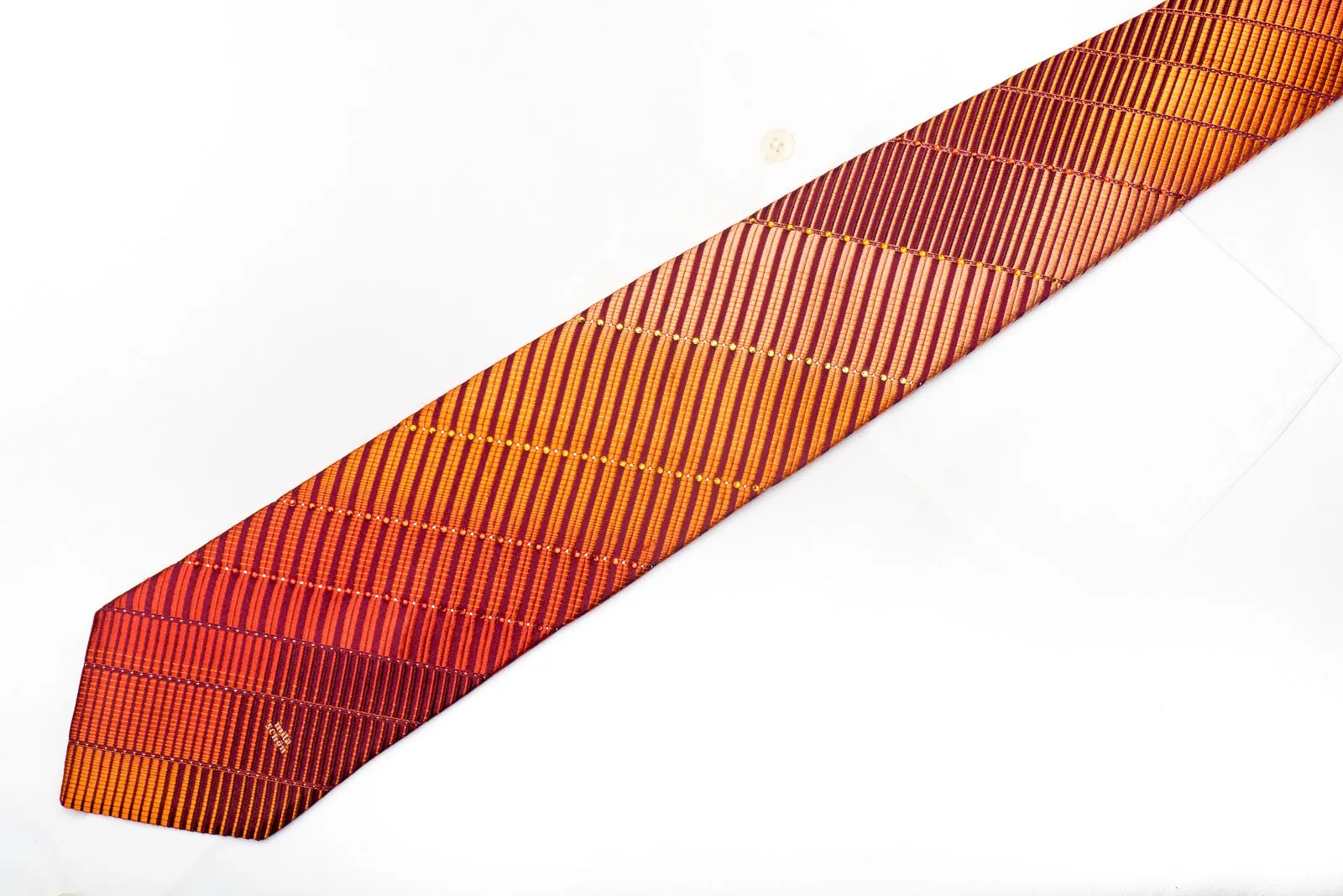Mila Schon Men's Silk Necktie Orange Striped On Burgundy Sparkling With Crystal Rhinestones