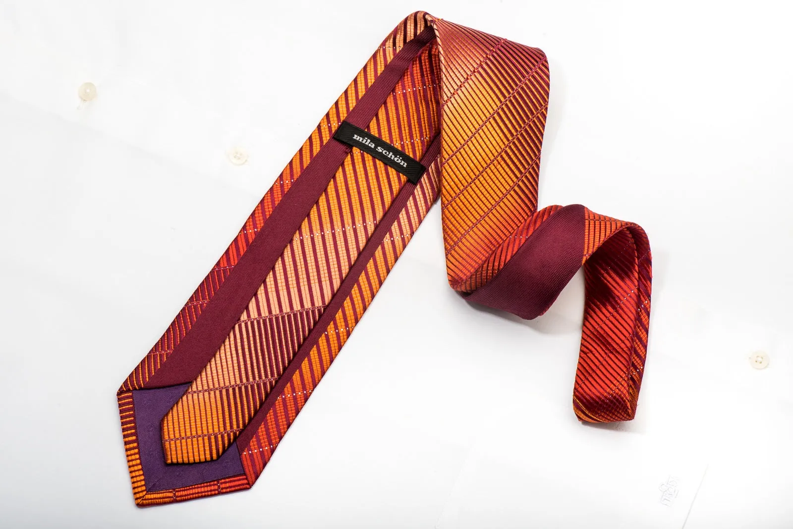 Mila Schon Men's Silk Necktie Orange Striped On Burgundy Sparkling With Crystal Rhinestones